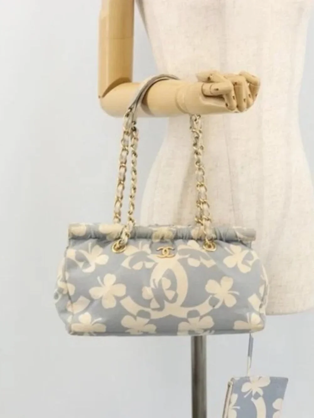 CHANEL COCO Mark Chain Shoulder Bag Canvas Light Blue Gold CC Auth YKZ826A